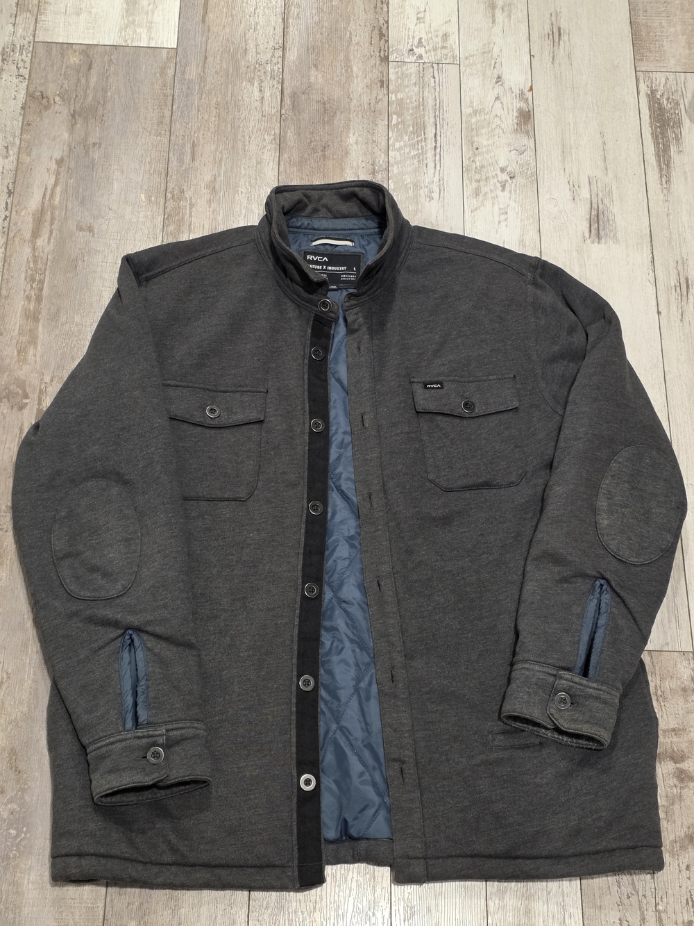 (L) Men's RVCA Button-Up Quilt Lined  Coat Gray Mid Length Soft Shacket Jacket
